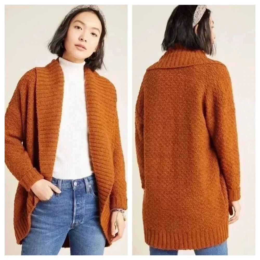 Anthropologie Denise Textured Chunky Knit Cardigan Sweater Size XS Burnt Orange